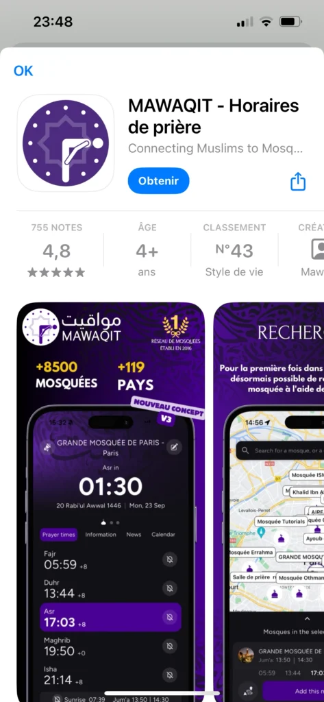 MAWAQIT  pour les horaires de priere sur iphone et ios