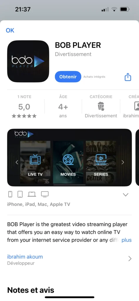 nstaller l’application bob player sur l’App Store.