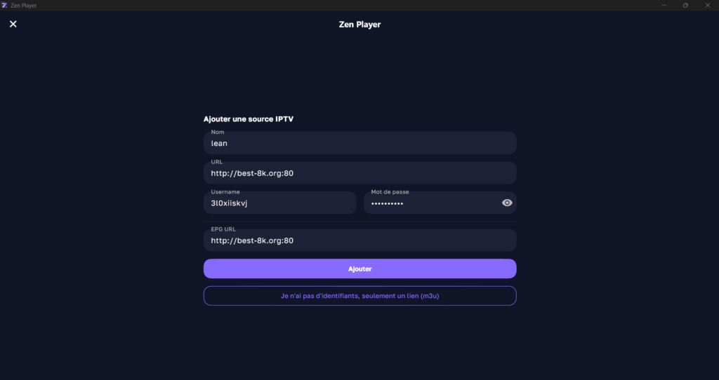 Pour Zen IPTV entrer les informations d'abonnement IPTV
